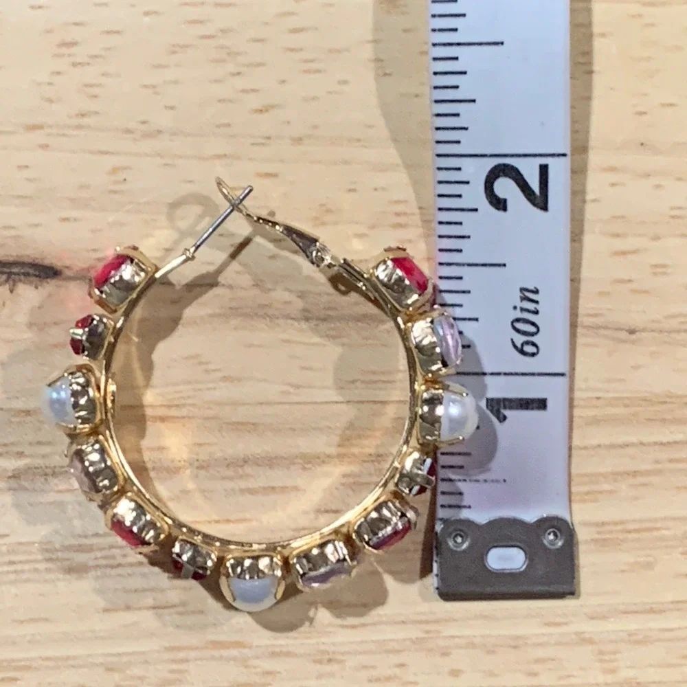 Pink Red Crystal Faux‎ Pearl Gold Tone Statement Hoop Earrings 1.5